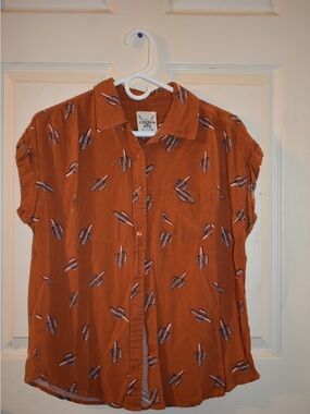 Cotton & Rye Rust-Orange Short Sleeve Button-Up Blouse with Cactus Print